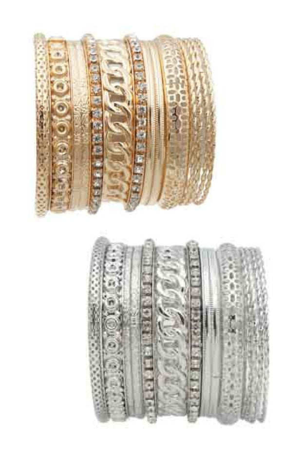 RHINESTONE&CHAIN&TEXTUED 15PC BANGLE SET-0