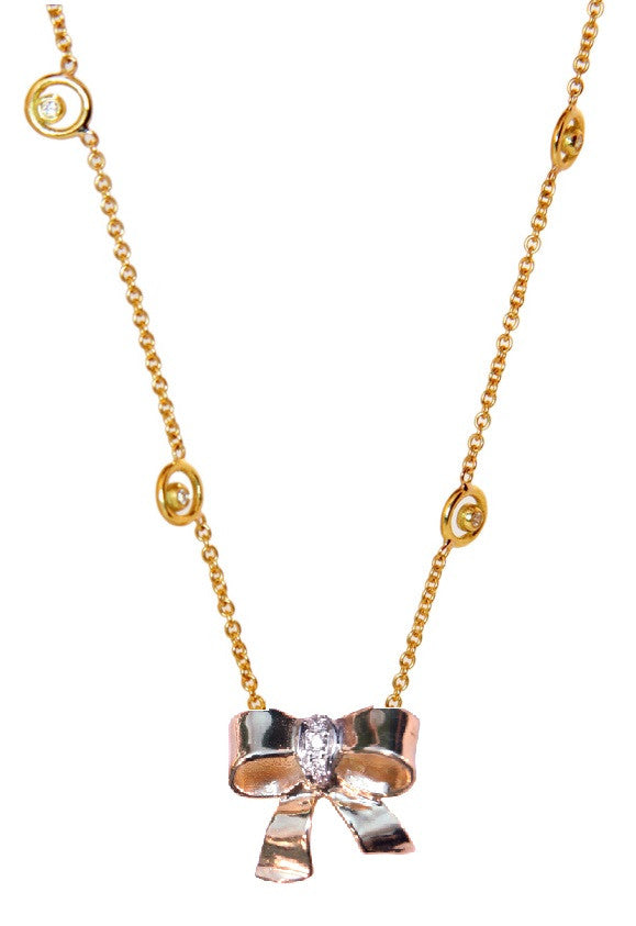 Bow Necklace-14K gold with diamonds on Karma chain with diamond dots-1