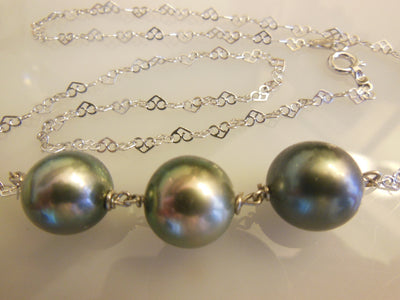 Tahitian Pearls- 3 round on silver chain- necklace.-0