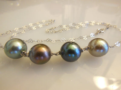 Tahitian Pearls- 4 round on silver chain-necklace-0