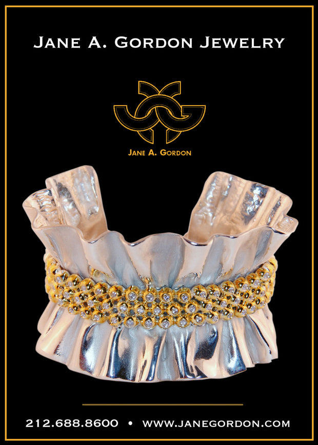 Ruffle Cuff Bracelet: Diamonds in Sterling Silver, 18K Gold Plate: Large Size-1