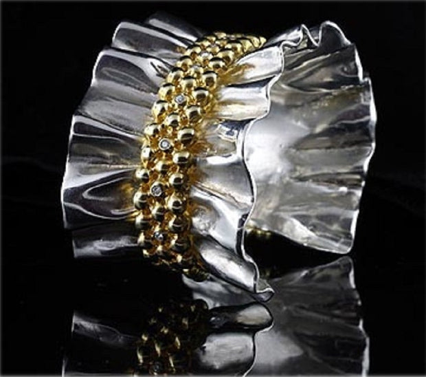 Ruffle Cuff Bracelet: Diamonds in Sterling Silver, 18K Gold Plate: Large Size-7