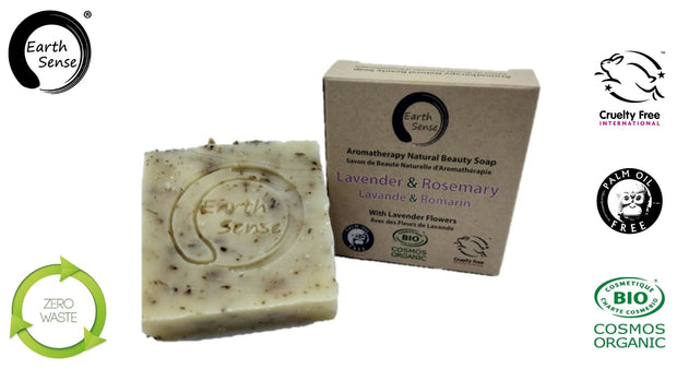 Organic Certified Solid Soap - Lavender & Rosemary with Lavender flowers 90g-1