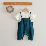 Summer Baby Kids Unisex Solid Color Short Sleeves White T-Shirt And Denim Overalls Romper – Baby Clothing Set-3