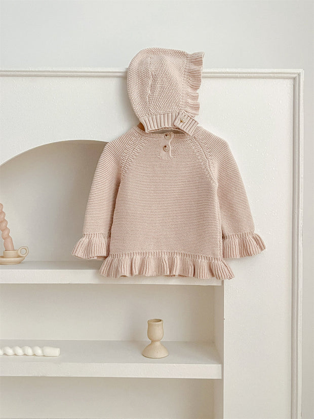 Simple Infant Baby Girls Knitted Long Flared Sleeves Pullover Sweater And Hat Set-1