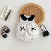 Hot Selling Summer Baby Kids Girls Color Patchwork Sleeveless Peter Pan Collar Pocketed Onesies-2