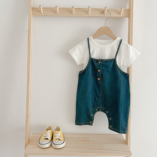 Summer Baby Kids Unisex Solid Color Short Sleeves White T-Shirt And Denim Overalls Romper – Baby Clothing Set-4