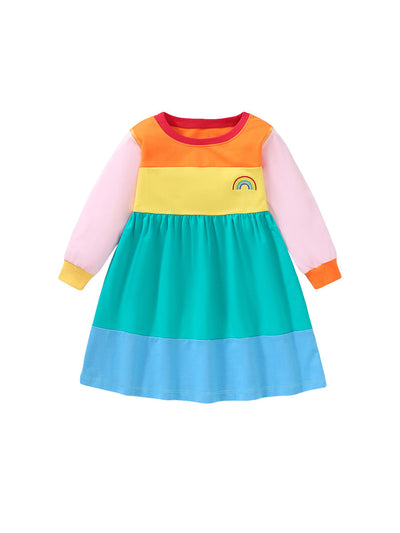 New Arrival Autumn Girls Long Sleeves Rainbow Color Patchwork Crew Neck Dress-0