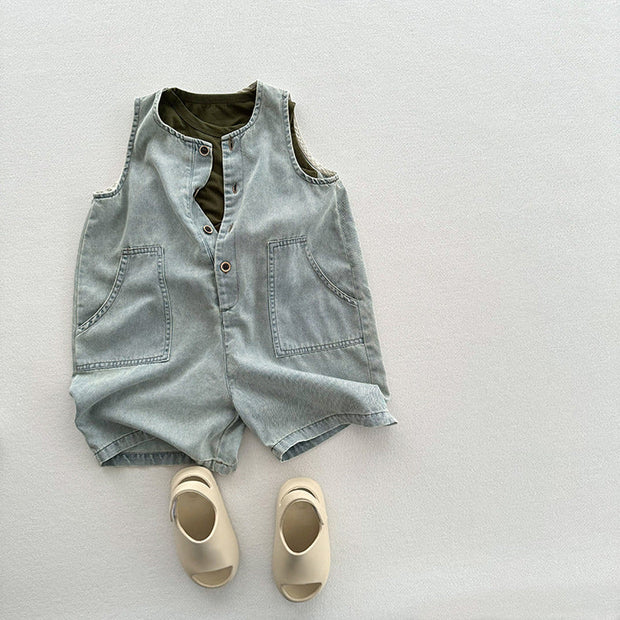 Summer Unisex Baby Denim Sleeveless Half Open-Front Overalls Romper-1