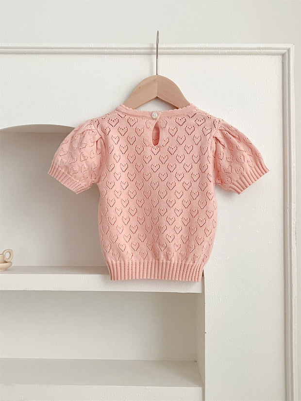 New Arrival Summer Baby Kids Girls Knit Hollow Out Heart Pattern Short Sleeves Top-4