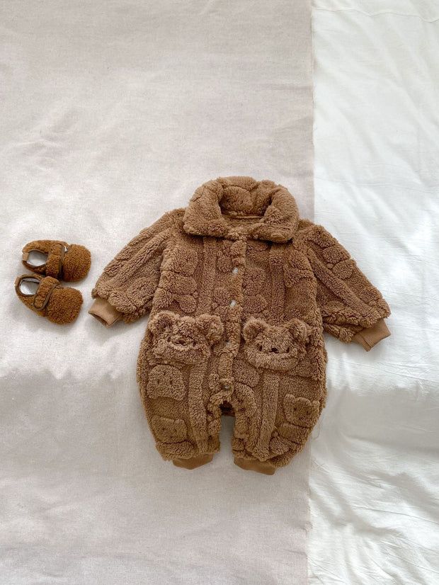 Winter Infant Baby Lovely Teddy Bear Cartoon Pattern Turndown Collar Thermal Pajamas Romper-3