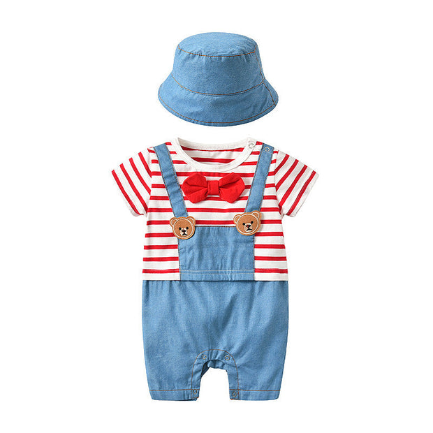 Baby Striped Graphic Cartoon Bear Patched Bow Tie False 1-Pieces Strap Jumpsuit-0