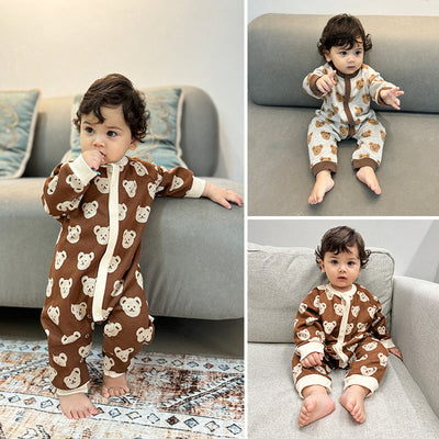 Autumn and Spring New Arrival Baby Unisex Teddy Bear Pattern Long Sleeves Crew Neck Rompers-0