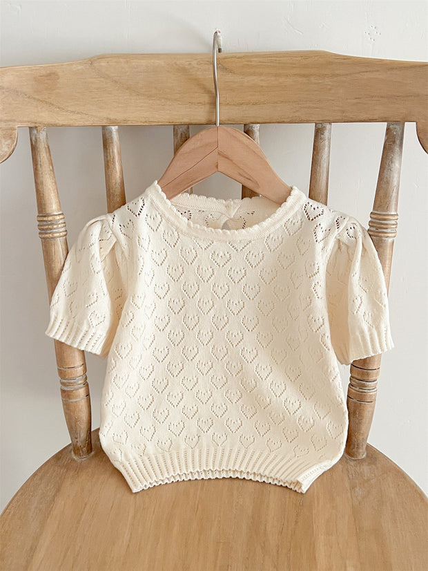 New Arrival Summer Baby Kids Girls Knit Hollow Out Heart Pattern Short Sleeves Top-2