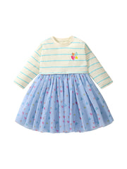 Arrival Autumn Girls Heart Print Crew Neck Long Sleeves Tulle Patchwork Princess Striped Dress-0