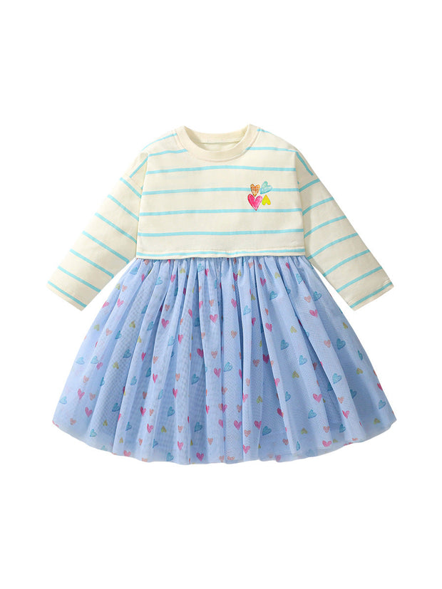 Arrival Autumn Girls Heart Print Crew Neck Long Sleeves Tulle Patchwork Princess Striped Dress-0