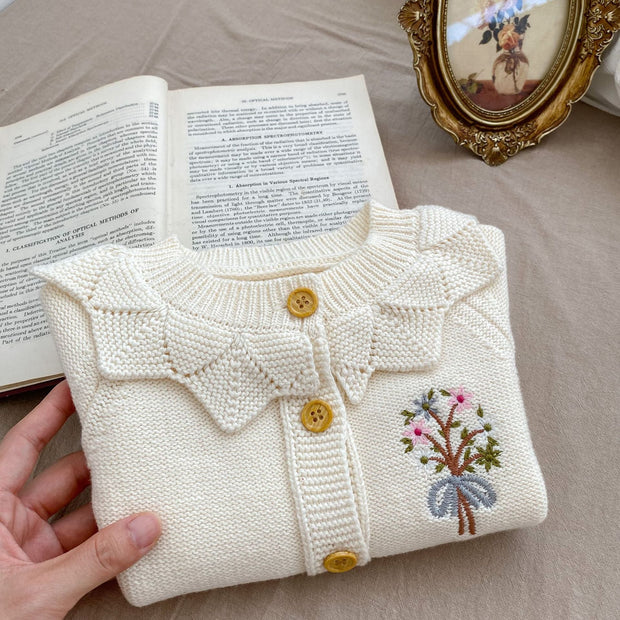 Infant Baby Girls Embroidery Jacquard Long-Sleeved Cardigan-3