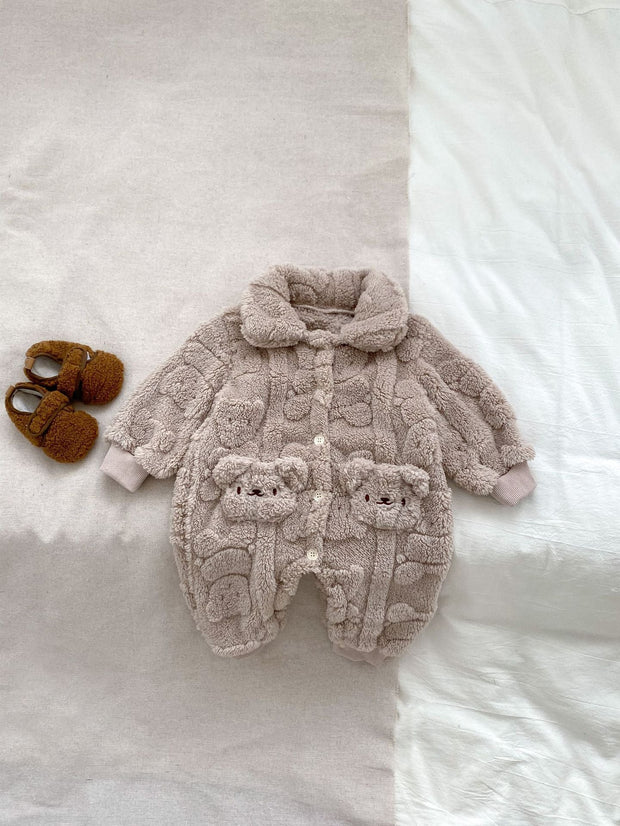 Winter Infant Baby Lovely Teddy Bear Cartoon Pattern Turndown Collar Thermal Pajamas Romper-4