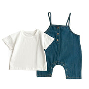 Summer Baby Kids Unisex Solid Color Short Sleeves White T-Shirt And Denim Overalls Romper – Baby Clothing Set-5