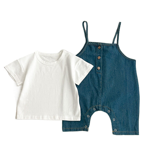 Summer Baby Kids Unisex Solid Color Short Sleeves White T-Shirt And Denim Overalls Romper – Baby Clothing Set-5