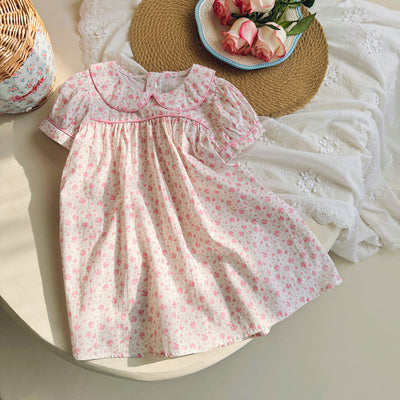 Summer Baby Kids Girls Short Sleeves Pink Floral Dress-0