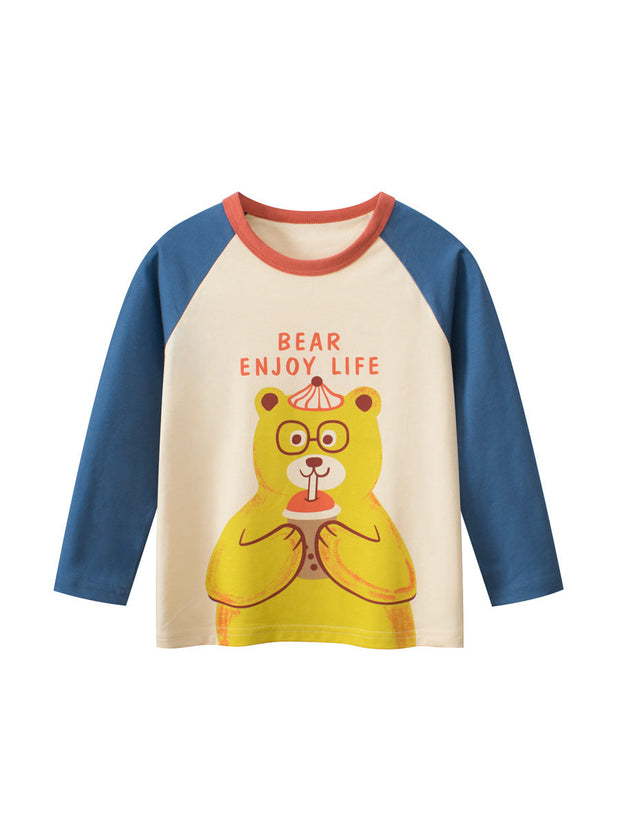 Autumn Baby Boys Cartoon Teddy Bear Print Color Patchwork Long Sleeves Crew Neck Base Top Shirt-0