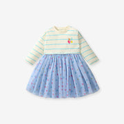 Arrival Autumn Girls Heart Print Crew Neck Long Sleeves Tulle Patchwork Princess Striped Dress-1