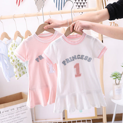 Summer Baby Girls Hot Selling Short Sleeves Crew Neck Sport Design Letters Pattern Dress-0