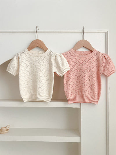 New Arrival Summer Baby Kids Girls Knit Hollow Out Heart Pattern Short Sleeves Top-0