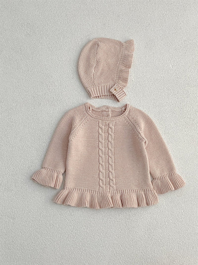 Simple Infant Baby Girls Knitted Long Flared Sleeves Pullover Sweater And Hat Set-0