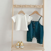 Summer Baby Kids Unisex Solid Color Short Sleeves White T-Shirt And Denim Overalls Romper – Baby Clothing Set-0