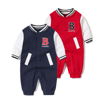 Baby Letter Embroidered Pattern Long Sleeves Baseball Rompers-0